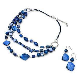 Handmade Blue Boho Beaded Necklace & Earrings Boho Shell Statement Jewelry